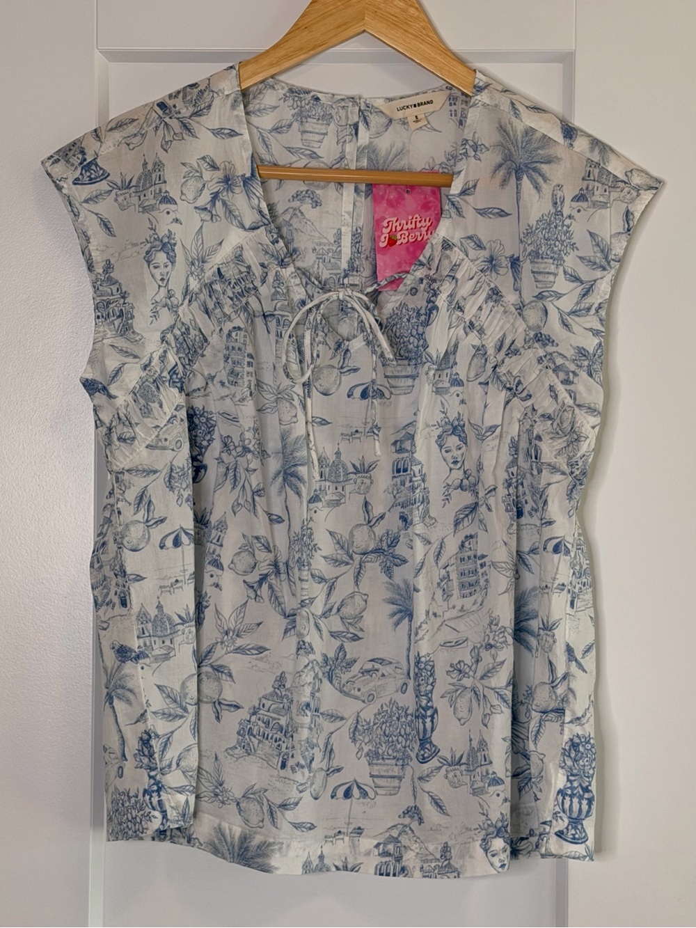 Lucky Brand Blue & White Toile Tie-Neck Short Sleeve Top